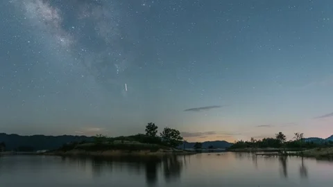 Milky Way Galaxy Reflection Over Outdoor Reservoir at Night Time-lapse Stock Footage 326702861