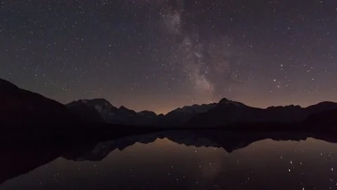 Milky Way Night Timelapse Over Mountain Lake Reflection Stock Footage 345961140
