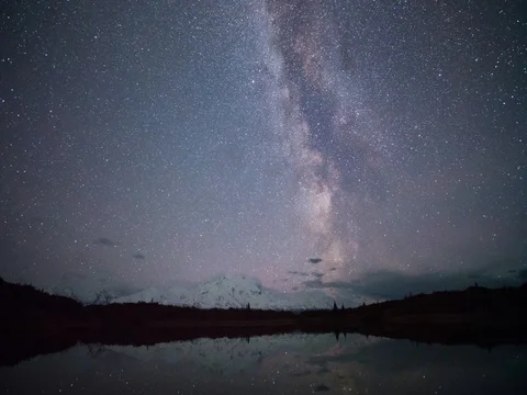 Milky way over Mount Denali, with mountain peaks illuminated by aurora Stock Footage 80320804