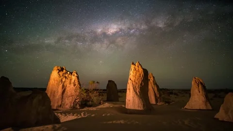 Milky way over The Pinnacles in Western Australia 4K HQ video 3 Stock Footage 297553681