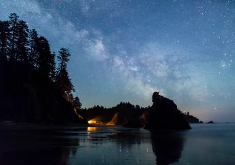 Milky Way over Ruby Beach Campfire Stock Photos