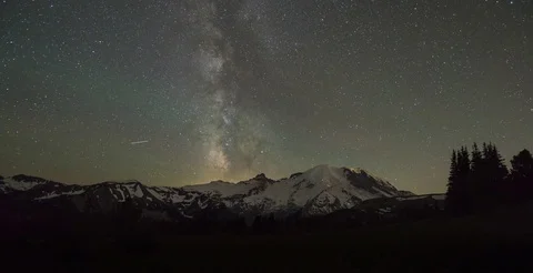 Milky Way rising behind Mount Rainier in Washington Stock Footage 78908896
