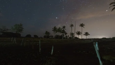 Milky Way Rising, Coconut Trees In Foreground. Timelapse PanRight Stock-Footage 106760341