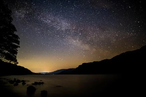 The milky way rising over Ullswater in the Lake district Stock Photos
