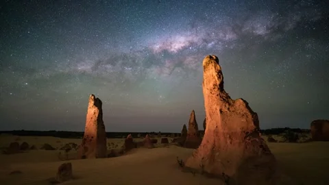 Milky way setting over The Pinnacles in Western Australia 4K HQ video 6 Stock Footage 297552299