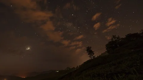 Milky way setting scene, nature time lapse in starry night at tea plantation Stock Footage 105328186