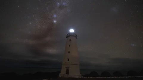 Milky way time lapse at the Lighthouse of Cape Willoughby, Kangaroo Island Stock Footage 93866015