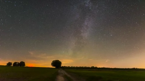 Milky Way Time-Lapse Moving Over Western Horizon with Lone Tree Stock Footage 327458260
