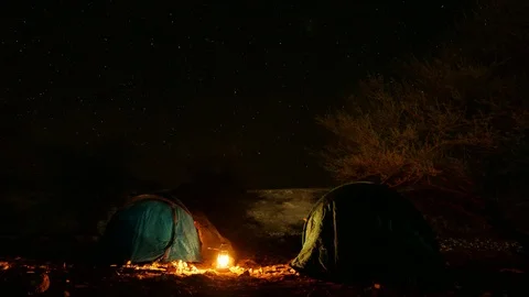 Milky Way timelapse in front of two tends, starry Night in Sri Lanka 4K Stock Footage 107319523