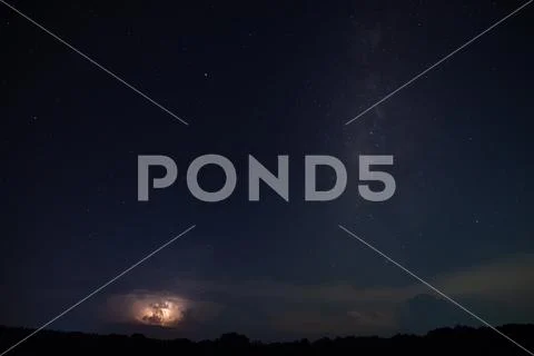 Milkyway and Lightning Sky at night Stock Photos