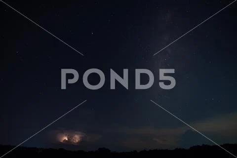 Milkyway and Lightning Sky at night Stock Photos