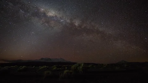 Milkyway Setting of Snow Capped Mountains in Desert Landscape Stock Footage 73878481
