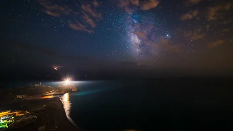 Milkyway Storm LightHouse Timelapse Stock Footage 133369317