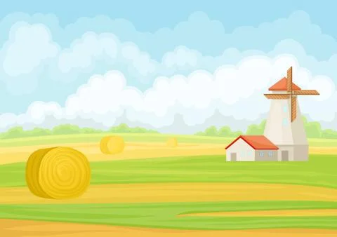 Mill and haystack in the field. Vector illustration on white background. Stock Illustration