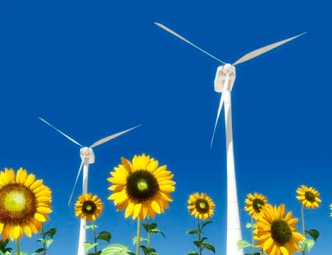 Mill and sunflowers Stock Illustration