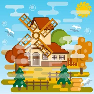 Mill on the autumn landscape. Stock Illustration