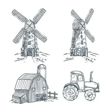 Mill, barn and tractor vector sketch illustration. Farming and harvesting han Stock Illustration