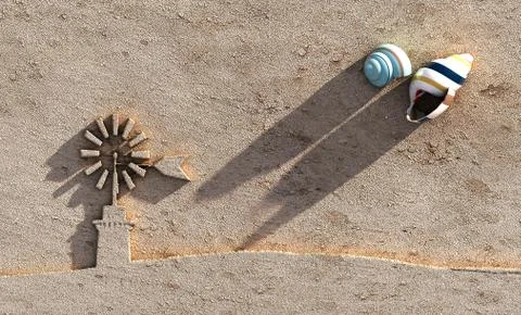 Mill on the beach sand sculpted Stock Illustration