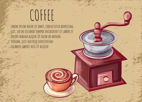 Mill Beans and Mug of Coffee, Postcard Vector Stock-Illustration