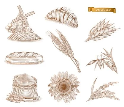 Mill, bread and wheat. Old style. Engraving vector icon set Stock Illustration