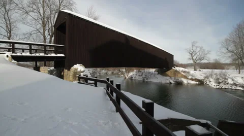Mill to Covered Bridge Pan Stock Footage 33624344