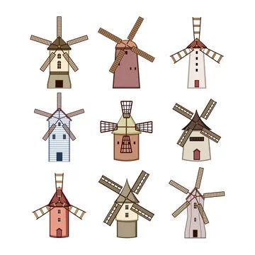 Mill farm set cartoon vector illustration Stock Illustration