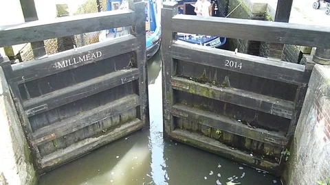 Mill Mead Lock gate Guildford opening Video stock 77109243