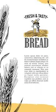Mill, Wheat field, Ears. Engraving illustration Illustrazione stock