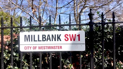 Millbank SW1 street sign on an iron fence in the City of Westminster Stock Footage 331784101