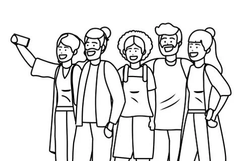 Millennial diverse group taking selfie black and white Stock Illustration