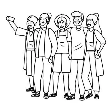 Millennial diverse group taking selfie black and white 스톡 일러스트