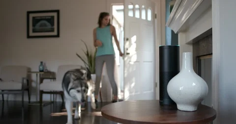 Millennial Female Arriving Home with Husky Dog Uses Alexa Smart Home Device Stock Footage