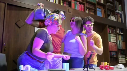 Millennial friends sharing vlog content on streaming with digital web camera Stock Footage 198082545