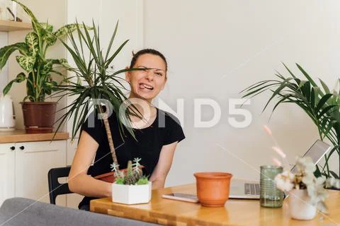 Millennial girl working from home in a plant room. Freelance florist, young Stock Photos