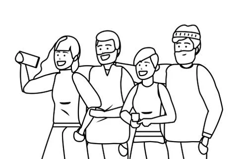 Millennial group taking selfie black and white Illustrazione stock