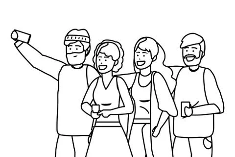 Millennial group taking selfie black and white イラスト素材