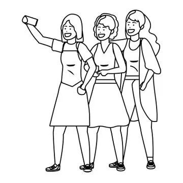 Millennial group taking selfie black and white Stock Illustration