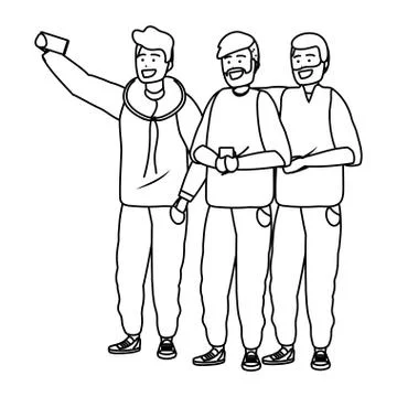 Millennial group taking selfie black and white Stockillustratie