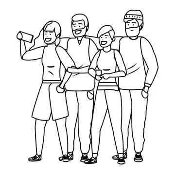Millennial group taking selfie black and white Illustrazione stock