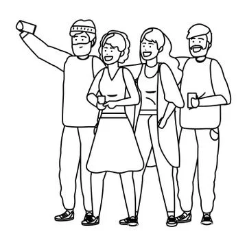 Millennial group taking selfie black and white イラスト素材