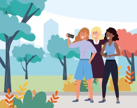 Millennial group taking selfie nature background イラスト素材