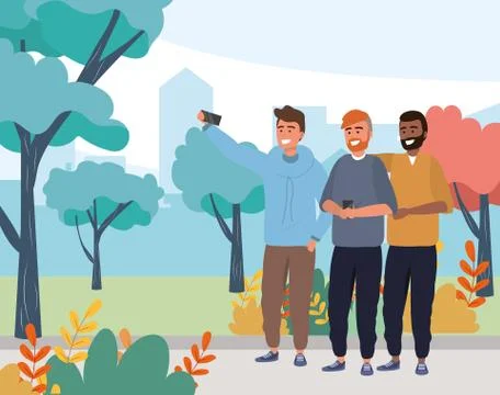 Millennial group taking selfie nature background Illustrazione stock