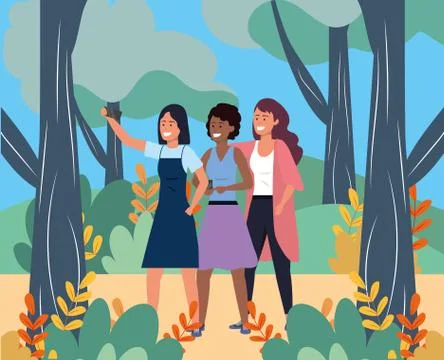 Millennial group taking selfie nature background 스톡 일러스트