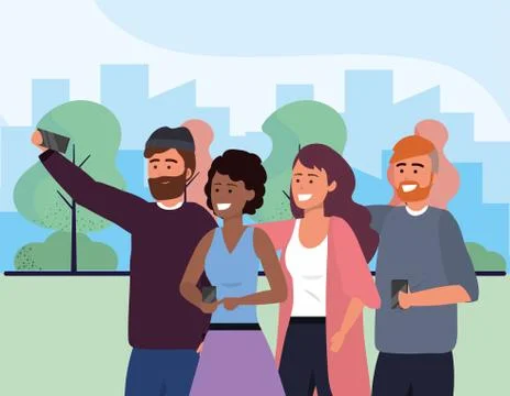 Millennial group taking selfie park background Illustrazione stock