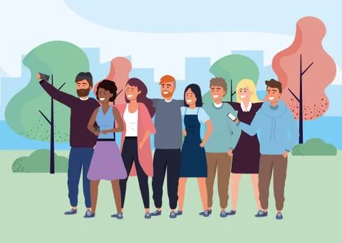 Millennial group taking selfie park background イラスト素材