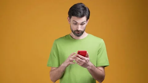 Millennial guy share network information isolated shine color background Stock Footage 204990649