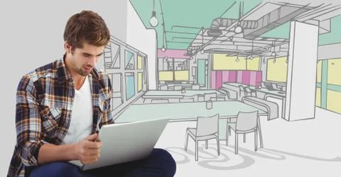 Millennial man at computer against 3D hand drawn office Stock Photos