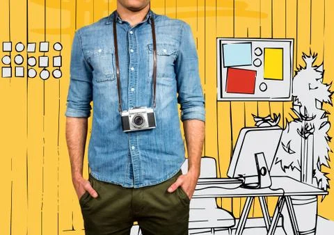 Millennial man mid section with camera against 3D yellow hand drawn office Stock Photos
