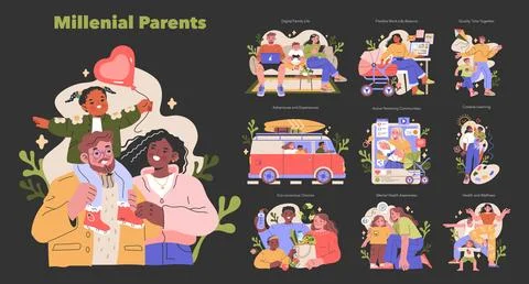 Millennial Parents set. Vector illustration. Illustrazione stock