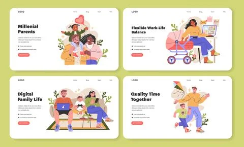 Millennial Parents website set. Vector illustration for digital platforms. Illustrazione stock